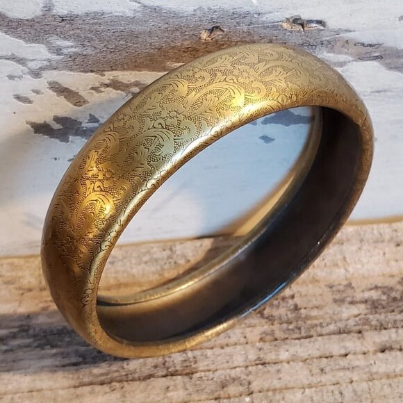 Vintage Y2K 90s Grunge Steampunk Bronze Carved Flowers Metal Bangle Bracelet - Picture 4 of 9